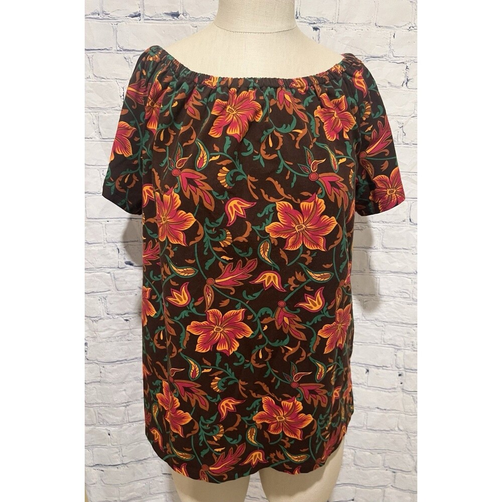 D & Co. Denim & Company QVC Brown And Pink Floral Short Sleeve Shirt Size Medium